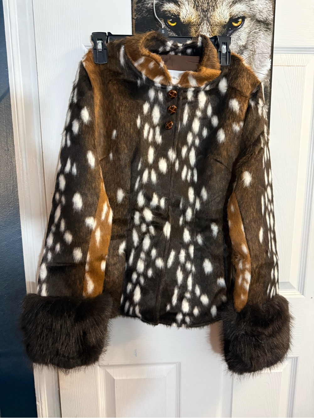 Carelli Women's Faux Fur Spotted Brown Jacket with Cuff Trim